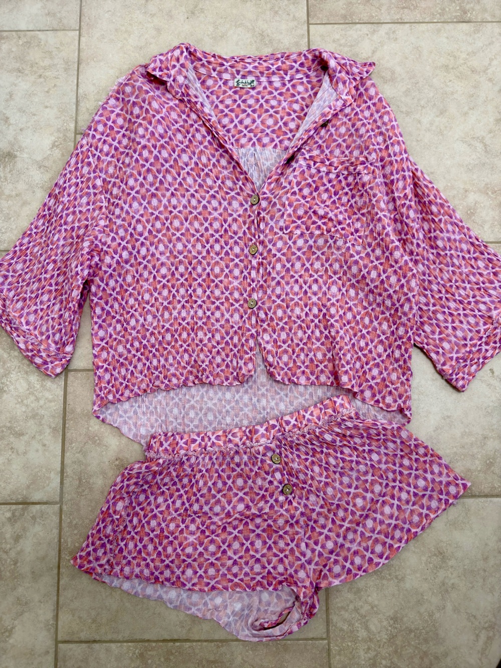 2-Piece Pink & Purple Printed Lounge/Beach Set | Button-Up Top + Shorts | Size S